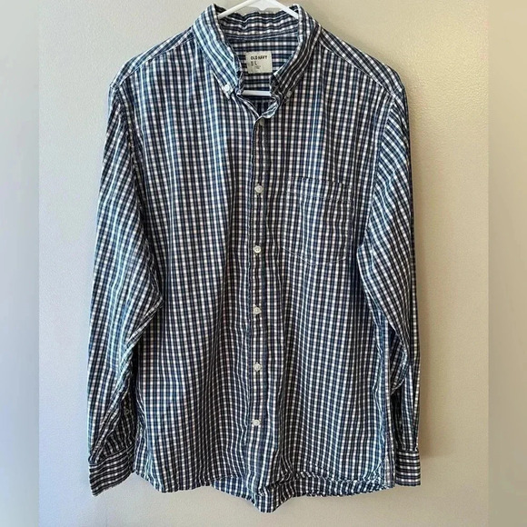 Old‎ Navy Mens Casual Office Blue White Shirt Button Down Plaid Large Collared - Picture 1 of 6